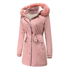 Women Cotton Thickened Velvet Detachable Hat Big Fur Collar Coat