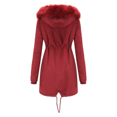 Women Cotton Thickened Velvet Detachable Hat Big Fur Collar Coat