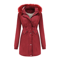 Women Cotton Thickened Velvet Detachable Hat Big Fur Collar Coat