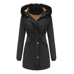 Women Cotton Thickened Velvet Detachable Hat Big Fur Collar Coat