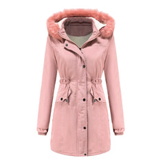 Women Cotton Thickened Velvet Detachable Hat Big Fur Collar Coat