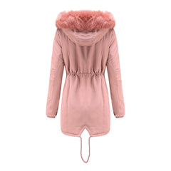 Women Cotton Thickened Velvet Detachable Hat Big Fur Collar Coat