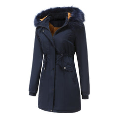 Women Cotton Thickened Velvet Detachable Hat Big Fur Collar Coat