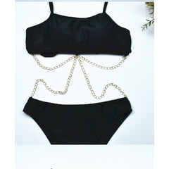 Women One Piece Metal Chain Backless Strap Lace up Swimsuit
