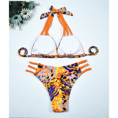 Sexy Swimsuit Halter Lace up Split Printed Bikini Set