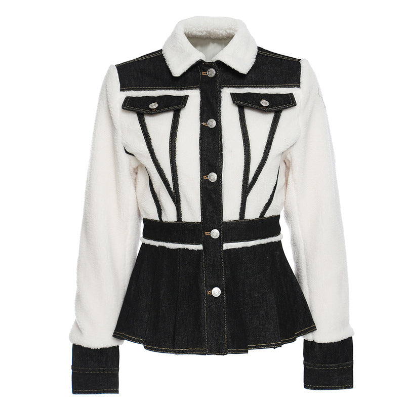 French Wool Black White Contrast Color Coat With Pocket