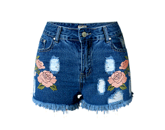 Floral Embroidery Worn Tassels Slim Fit Denim Shorts