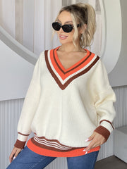 Women V neck Striped Stitching Knitted Pullover