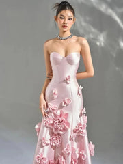 Luxury Beaded Flowers Mermaid Pink Satin Evening Dress