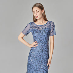 Short Sleeve Embroidery Slim Mesh Sequin Evening Dress