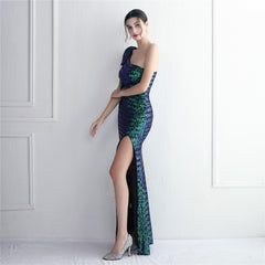 Elegant Sequined One Shoulder Slit Formal Dress