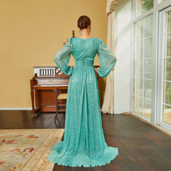 Long Sleeve Elegant V Neck Long Bohemian Evening Dress