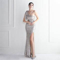 Elegant Sequined One Shoulder Slit Formal Dress