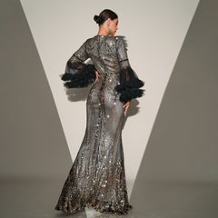 High End Long Sleeve Sequined Fishtail Evening Dress