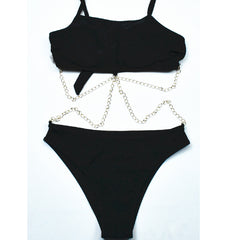 Women One Piece Metal Chain Backless Strap Lace up Swimsuit
