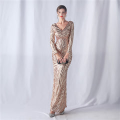 Floral V-Neck Sequin Long Sleeve Evening Dress