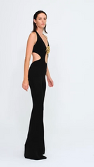 Sexy Golden Floral Halter Backless Formal Jumpsuit