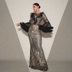 High End Long Sleeve Sequined Fishtail Evening Dress