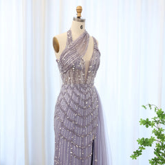 Luxury Lilac Beaded Side Slit Halter Evening Dress with Overskirt
