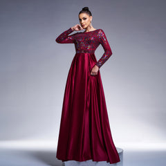 Long Sleeve Crew Neck Sequined Cocktail Evening Dress