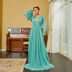 Long Sleeve Elegant V Neck Long Bohemian Evening Dress