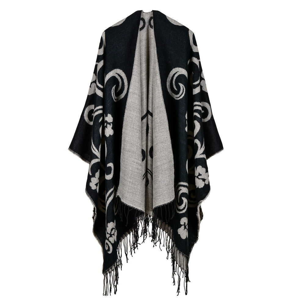 Floral Split Warm Shawl Cashmere Travel Cloak