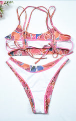Sexy Printed Backless Drawstring Bikini Set