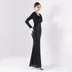 Ostrich Feather Long Sleeve Sequin Evening Dress