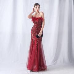 Ostrich Feather Floral Tube Top Sequin Gauze Evening Dress