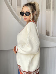 Women V neck Striped Stitching Knitted Pullover