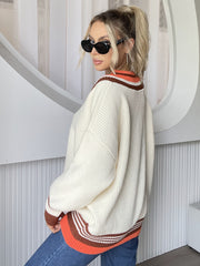 Women V neck Striped Stitching Knitted Pullover