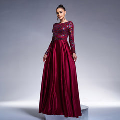 Long Sleeve Crew Neck Sequined Cocktail Evening Dress