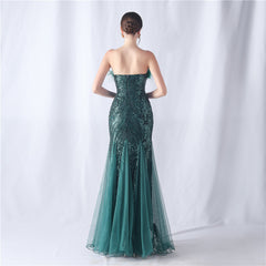 Ostrich Feather Floral Tube Top Sequin Gauze Evening Dress