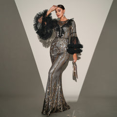 High End Long Sleeve Sequined Fishtail Evening Dress