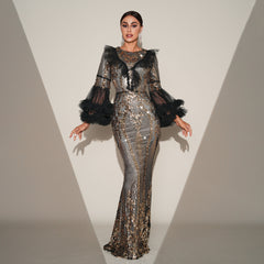 High End Long Sleeve Sequined Fishtail Evening Dress