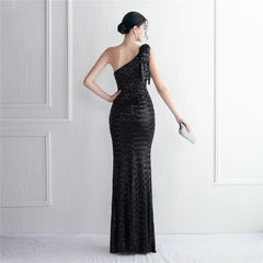 Elegant Sequined One Shoulder Slit Formal Dress