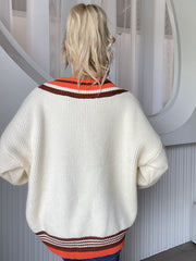 Women V neck Striped Stitching Knitted Pullover