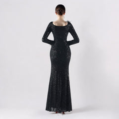 Ostrich Feather Long Sleeve Sequin Evening Dress