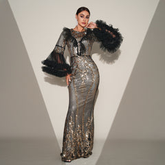 High End Long Sleeve Sequined Fishtail Evening Dress