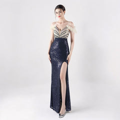 Elegant Ostrich Feather Sequin Evening Dress