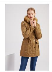 Fleece Lined Hooded Fur Collar Winter Warm Coat