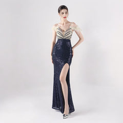 Elegant Ostrich Feather Sequin Evening Dress