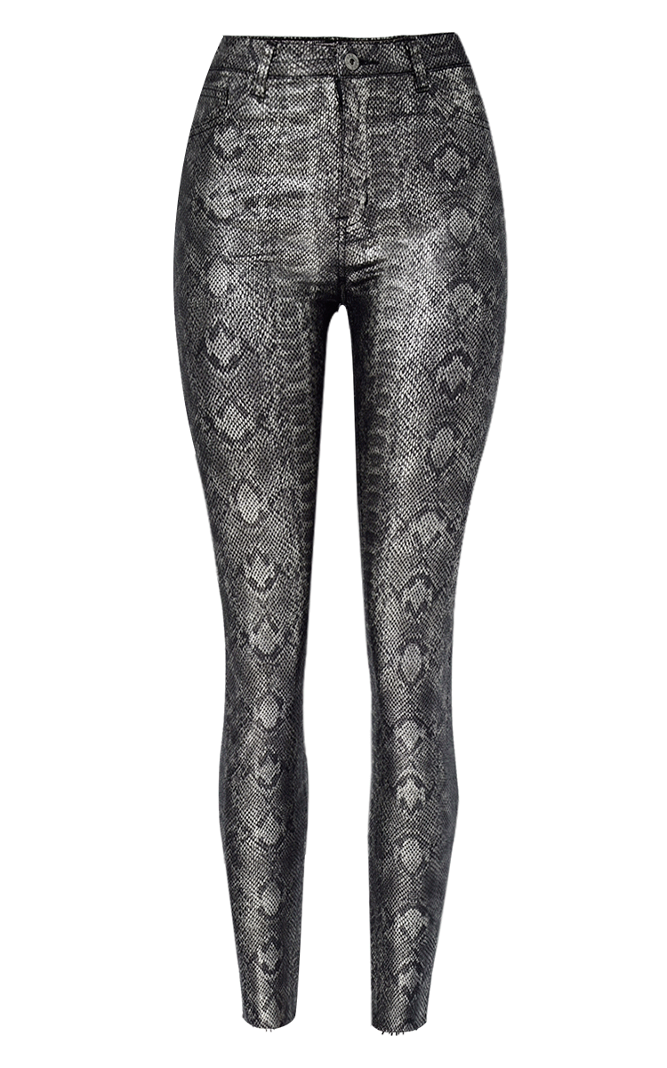 High Waist Elastic Coating Silver Snake Pattern Faux Leather Pants
