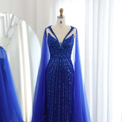 Luxury Royal Blue Mermaid Evening Dress with Cape