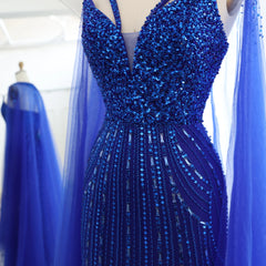 Luxury Royal Blue Mermaid Evening Dress with Cape