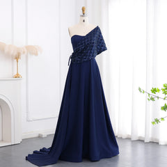 HELEN Luxury Off Shoulder Navy Blue Evening Dress with Cape