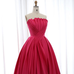 Luxury Elegant Scalloped Long Fuchsia Satin Evening Dress