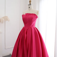 Luxury Elegant Scalloped Long Fuchsia Satin Evening Dress