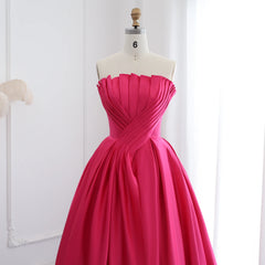 Luxury Elegant Scalloped Long Fuchsia Satin Evening Dress