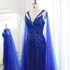 Luxury Royal Blue Mermaid Evening Dress with Cape